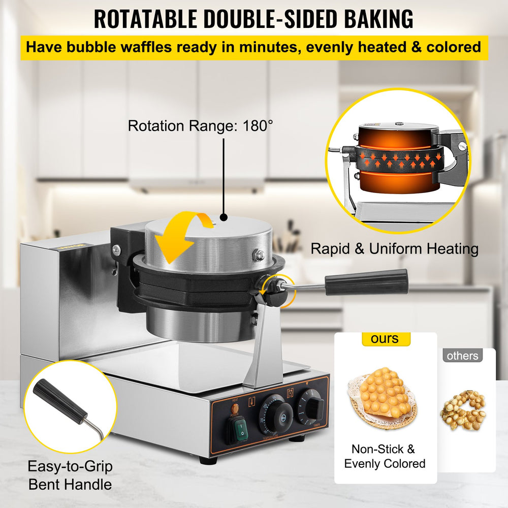 Vevor Commercial Bubble Waffle Maker 1200W Hexagonal 180° Rotatable Non-Stick 122-572°F New