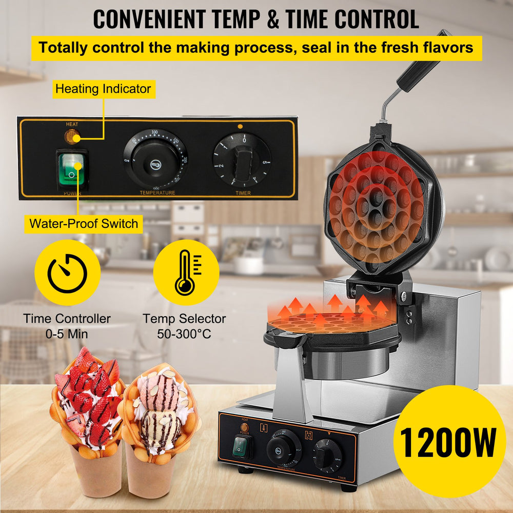 Vevor Commercial Bubble Waffle Maker 1200W Hexagonal 180° Rotatable Non-Stick 122-572°F New