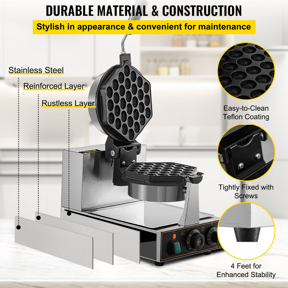 Vevor Commercial Bubble Waffle Maker 1200W Hexagonal 180° Rotatable Non-Stick 122-572°F New