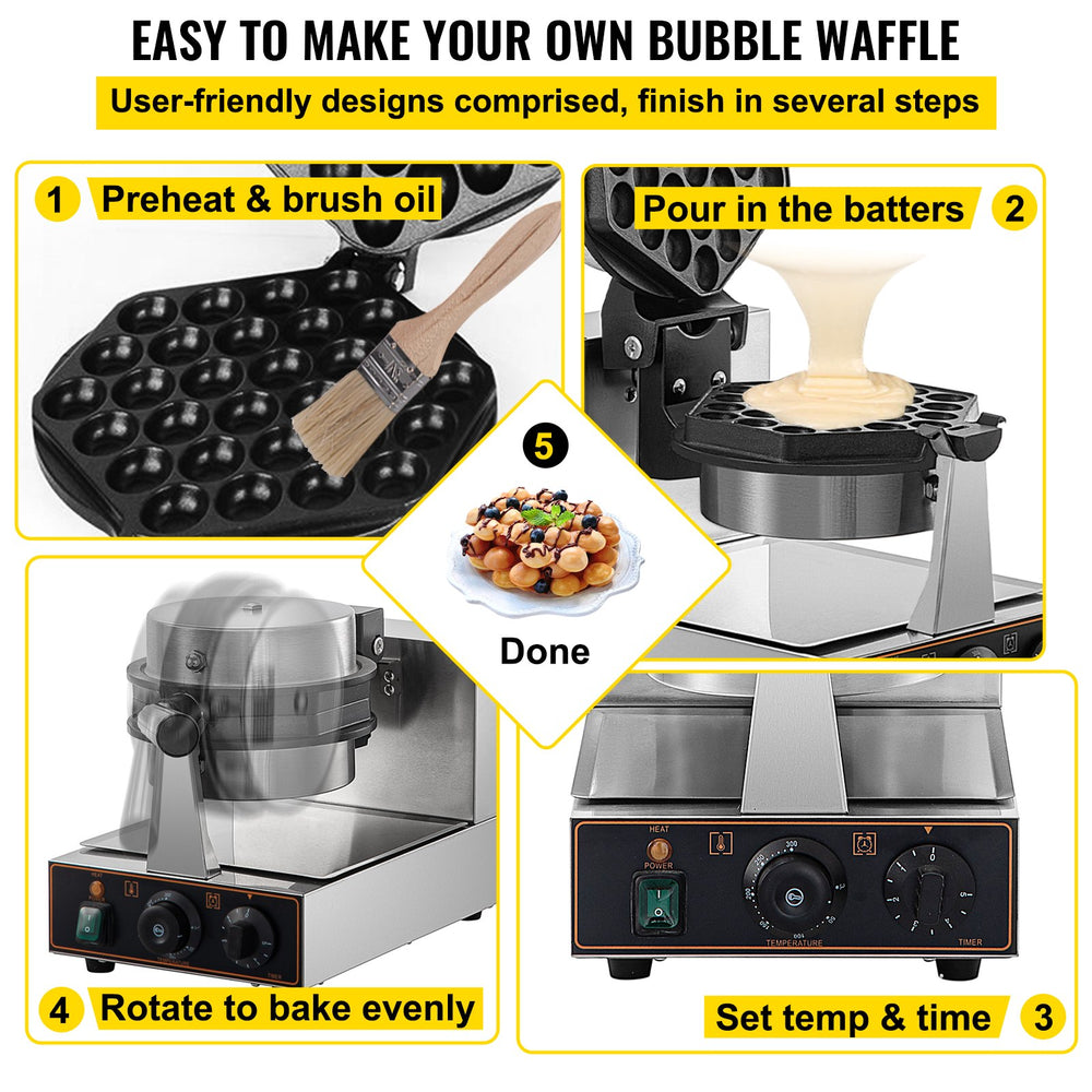 Vevor Commercial Bubble Waffle Maker 1200W Hexagonal 180° Rotatable Non-Stick 122-572°F New