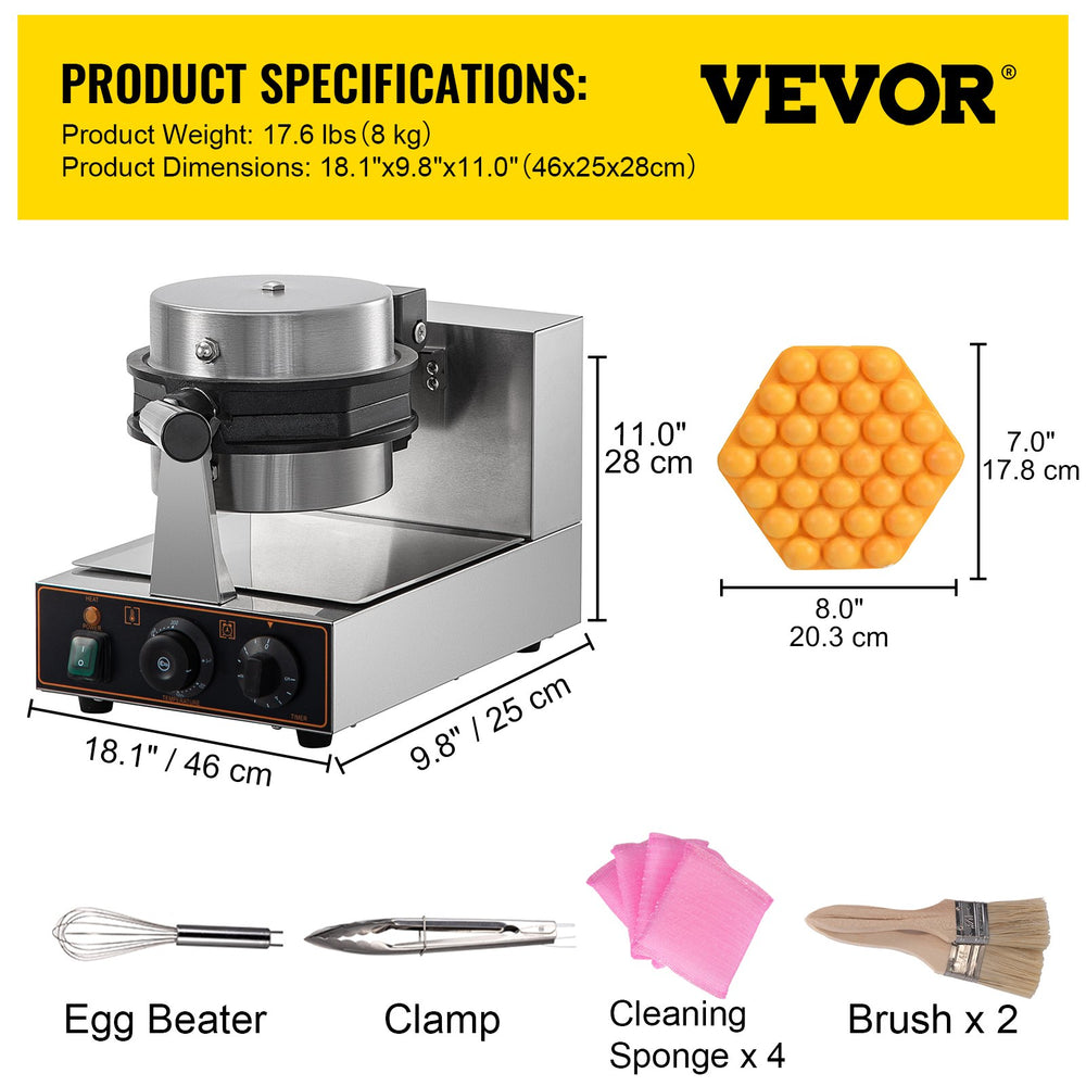 Vevor Commercial Bubble Waffle Maker 1200W Hexagonal 180° Rotatable Non-Stick 122-572°F New