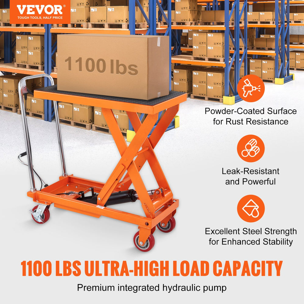 Vevor Hydraulic Lift Table Cart 1100 Lbs. Manual Single Scissor 35.4" Lift Height Non-Slip Pad 4 Wheel New