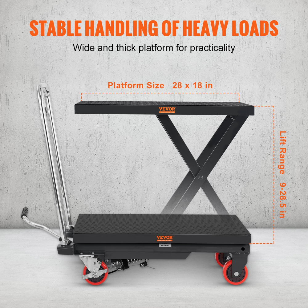 VEVOR Hydraulic Lift Table Cart 500lbs Capacity 28.5 Lifting Height Manual Single Scissor Lift Table with 4 Wheels and Non-Slip Pad Hydraulic