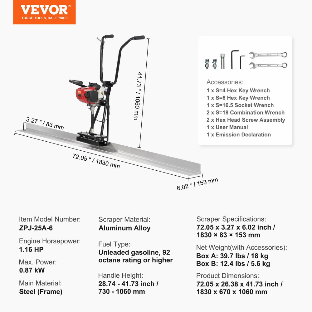 Vevor Gas Concrete Power Screed 6' Aluminum Board 4-Stroke Motor 6500 RPM Adjustable Handles New