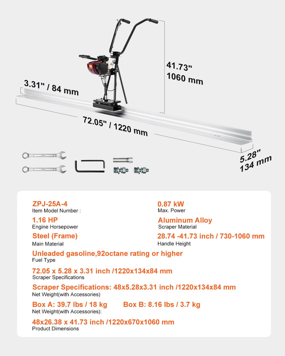 Vevor 4-Stroke Concrete Power Screed with 4' Aluminum Blade 1.6 HP Gas Motor New
