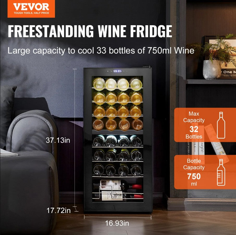 Vevor Dual Zone Wine Cooler 32-Bottle with LED Light and Touch Control New