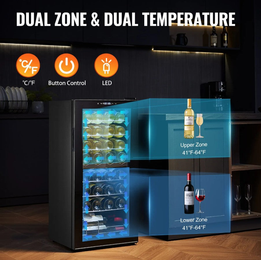 Vevor Dual Zone Wine Cooler 32-Bottle with LED Light and Touch Control New