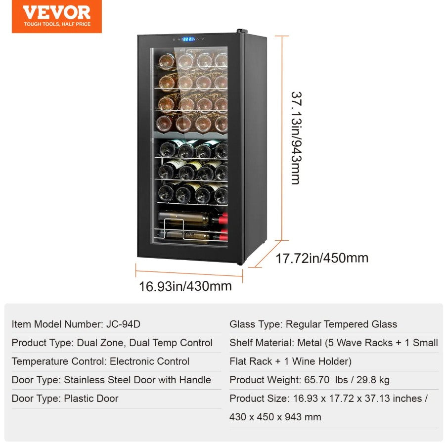 Vevor Dual Zone Wine Cooler 32-Bottle with LED Light and Touch Control New