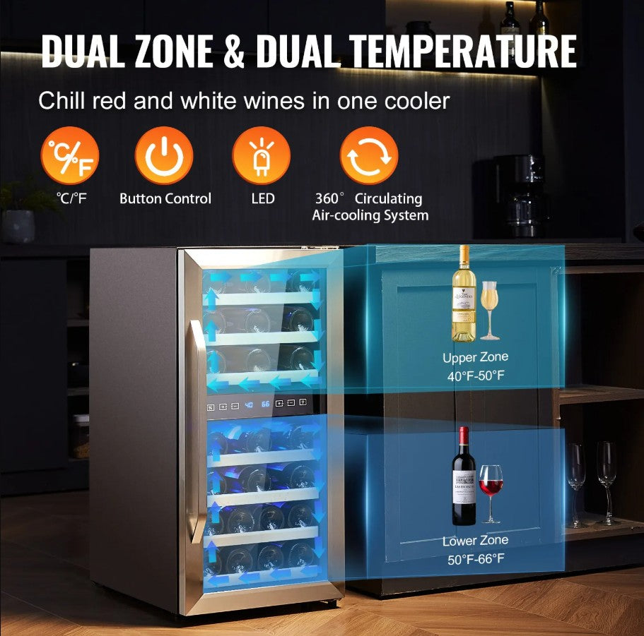 Vevor Dual Zone Wine Cooler 33-Bottle Freestanding Refrigerator with LED and Touch Control New