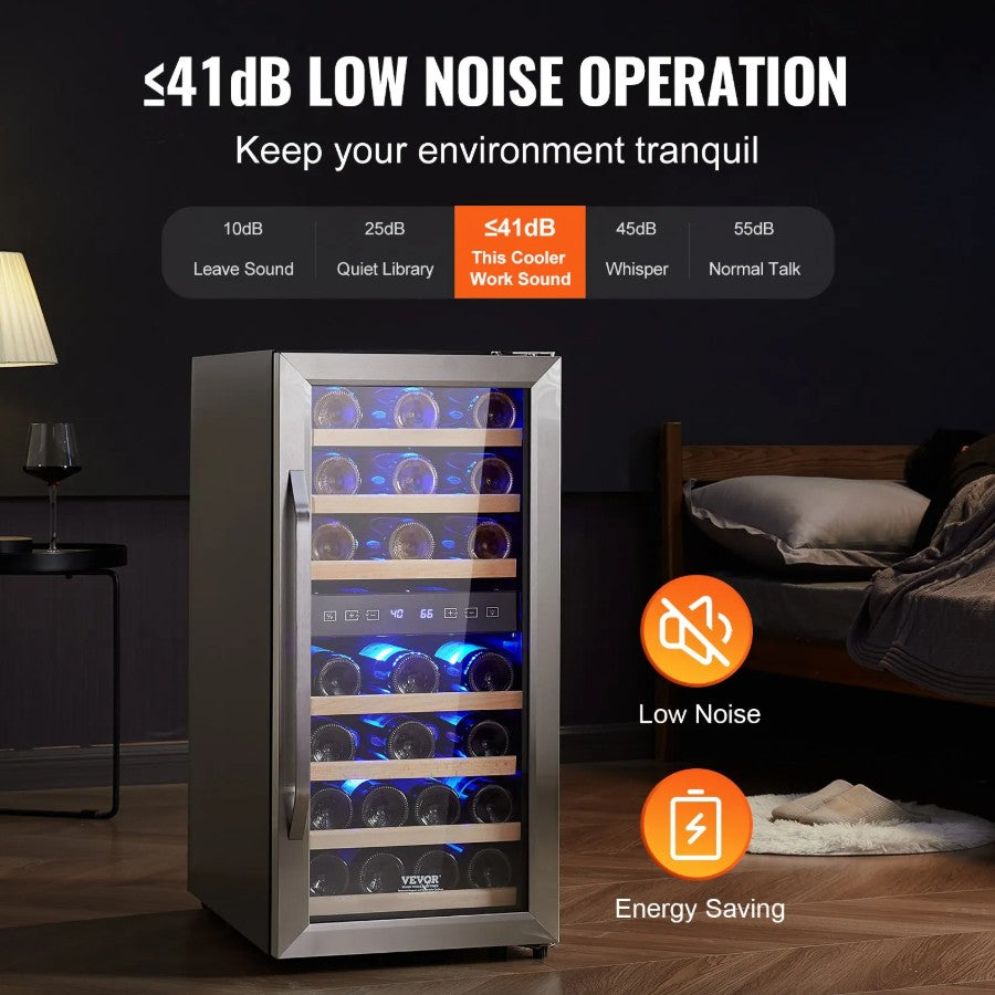 Vevor Dual Zone Wine Cooler 33-Bottle Freestanding Refrigerator with LED and Touch Control New