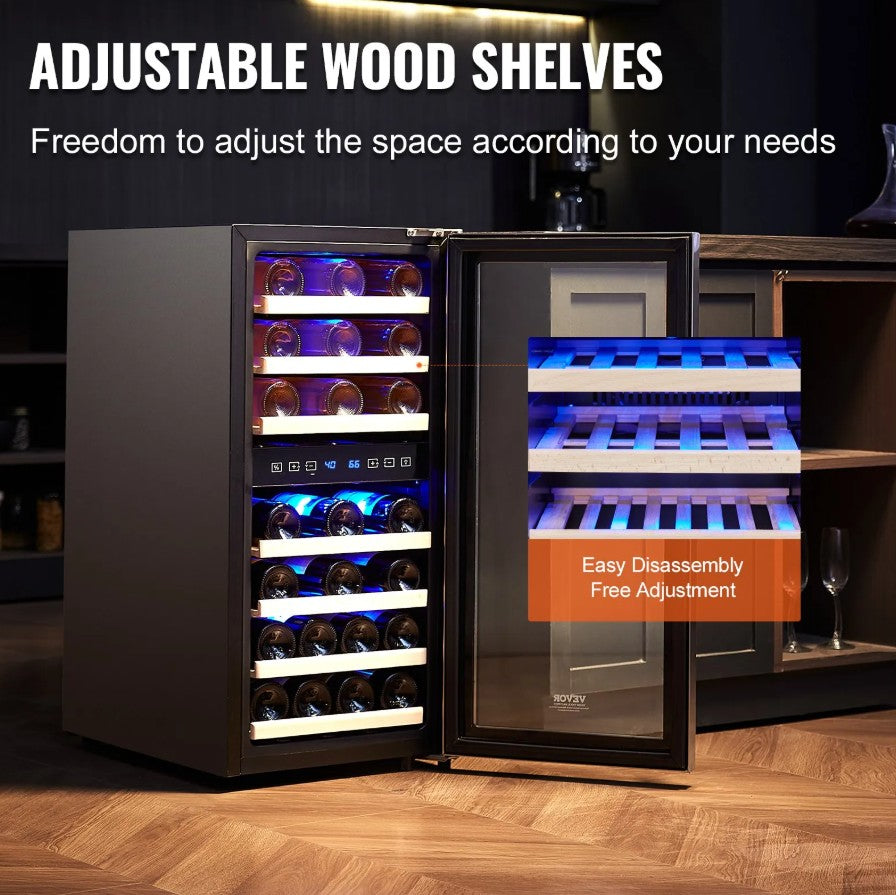 Vevor Dual Zone Wine Cooler 33-Bottle Freestanding Refrigerator with LED and Touch Control New