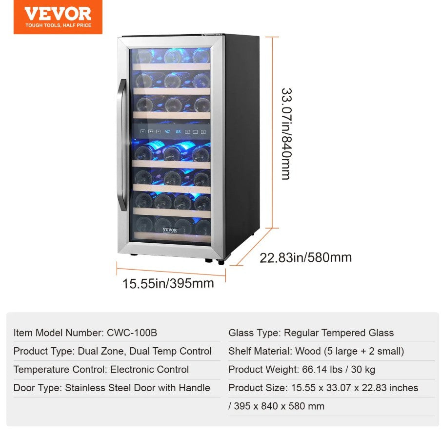 Vevor Dual Zone Wine Cooler 33-Bottle Freestanding Refrigerator with LED and Touch Control New