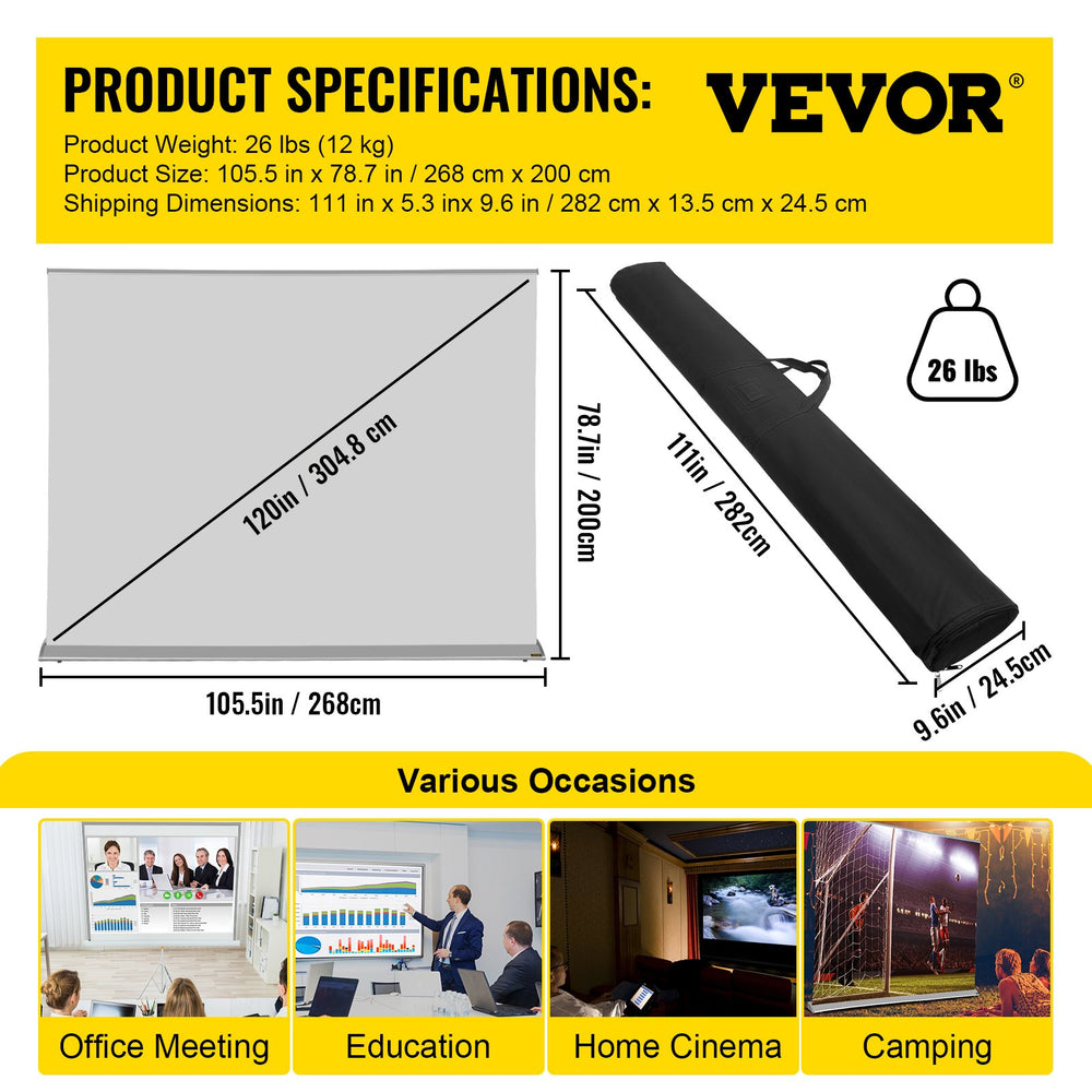 Vevor Projector Screen 120" 16:9 Manual Pull Up Portable 4K/8K Ultra HDR Indoor Outdoor New