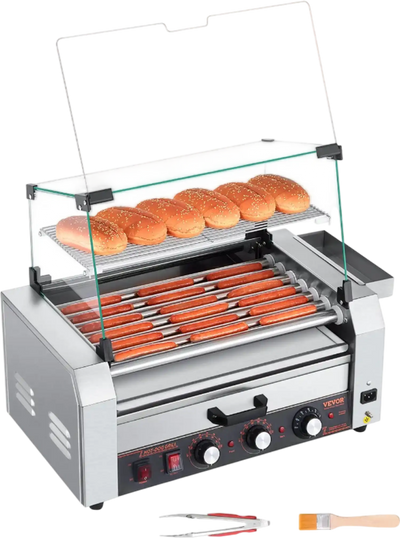 Vevor Electric 18 Hot Dog 7-Roller Grill Machine with Bun Warmer and Cover 1200W New