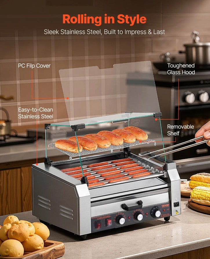 Vevor Electric 18 Hot Dog 7-Roller Grill Machine with Bun Warmer and Cover 1200W New