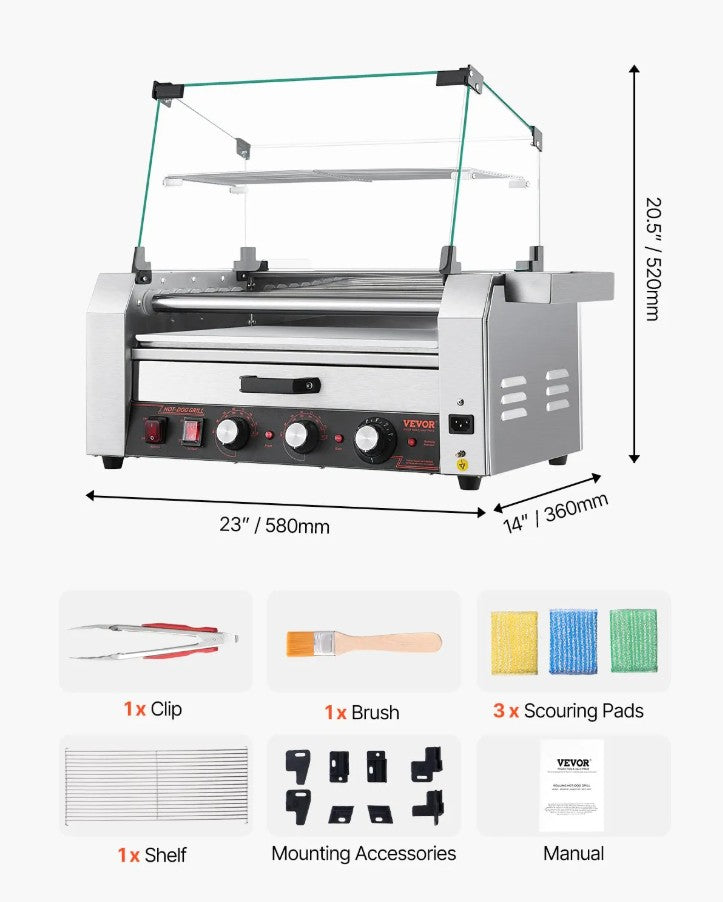 Vevor Electric 18 Hot Dog 7-Roller Grill Machine with Bun Warmer and Cover 1200W New