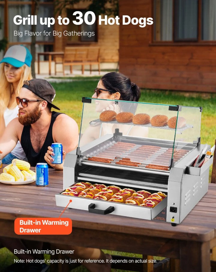 Vevor Electric 30 Hot Dog 11-Roller Grill Machine with Bun Warmer and Cover 1950W New