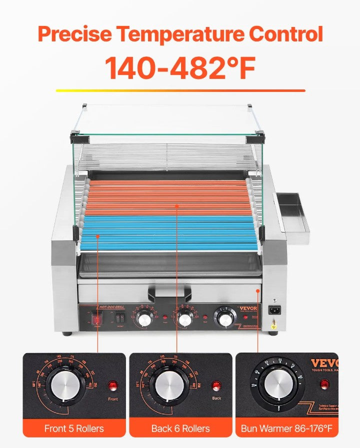 Vevor Electric 30 Hot Dog 11-Roller Grill Machine with Bun Warmer and Cover 1950W New