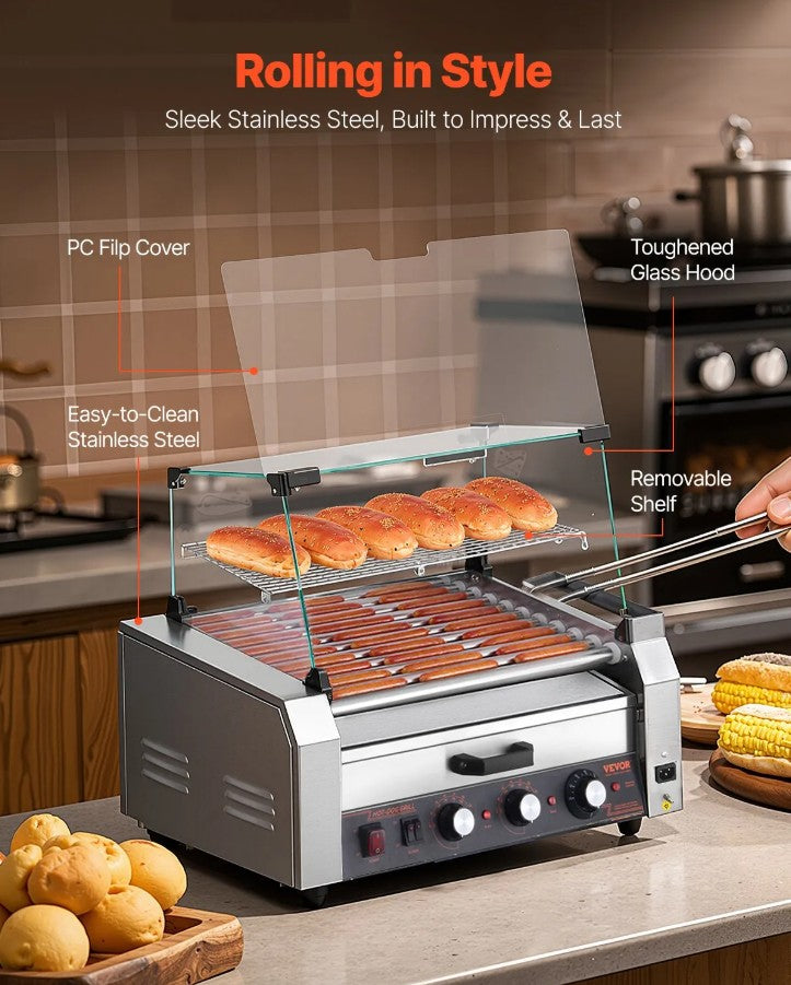Vevor Electric 30 Hot Dog 11-Roller Grill Machine with Bun Warmer and Cover 1950W New