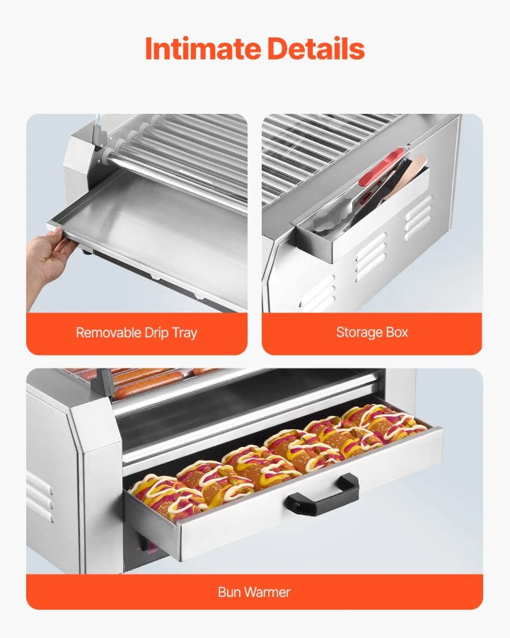 Vevor Electric 30 Hot Dog 11-Roller Grill Machine with Bun Warmer and Cover 1950W New