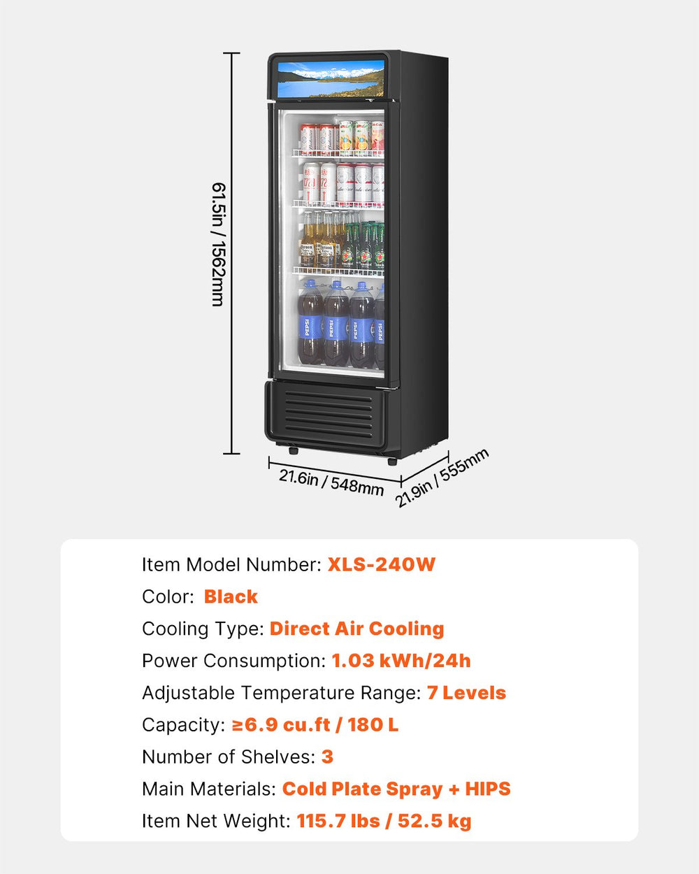 Vevor Commercial Beverage Refrigerator 6.9 Cu. Ft. Glass Door LED Lighting and Adjustable Shelves New