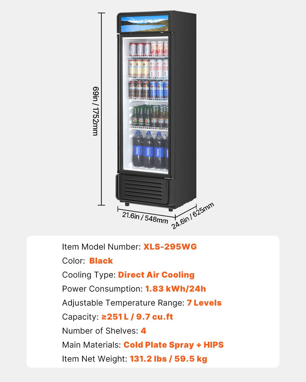 Vevor Commercial Beverage Refrigerator 9.7 Cu. Ft. Glass Door LED Lighting and Adjustable Shelves New