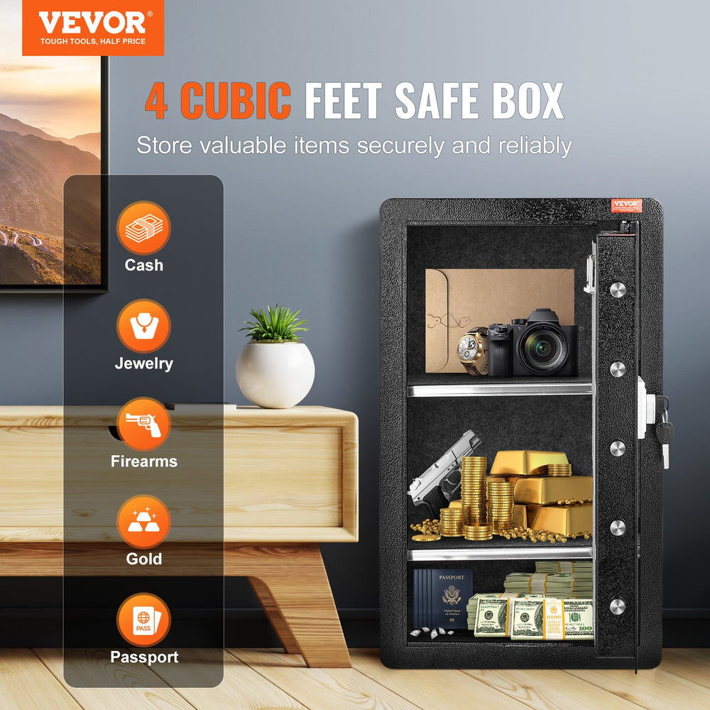 Vevor Safe Box 4.0 Cu. Ft. Single Door 5 Lock Bolts LED Light Dual Alarm System Key Lock Password and Fingerprint New