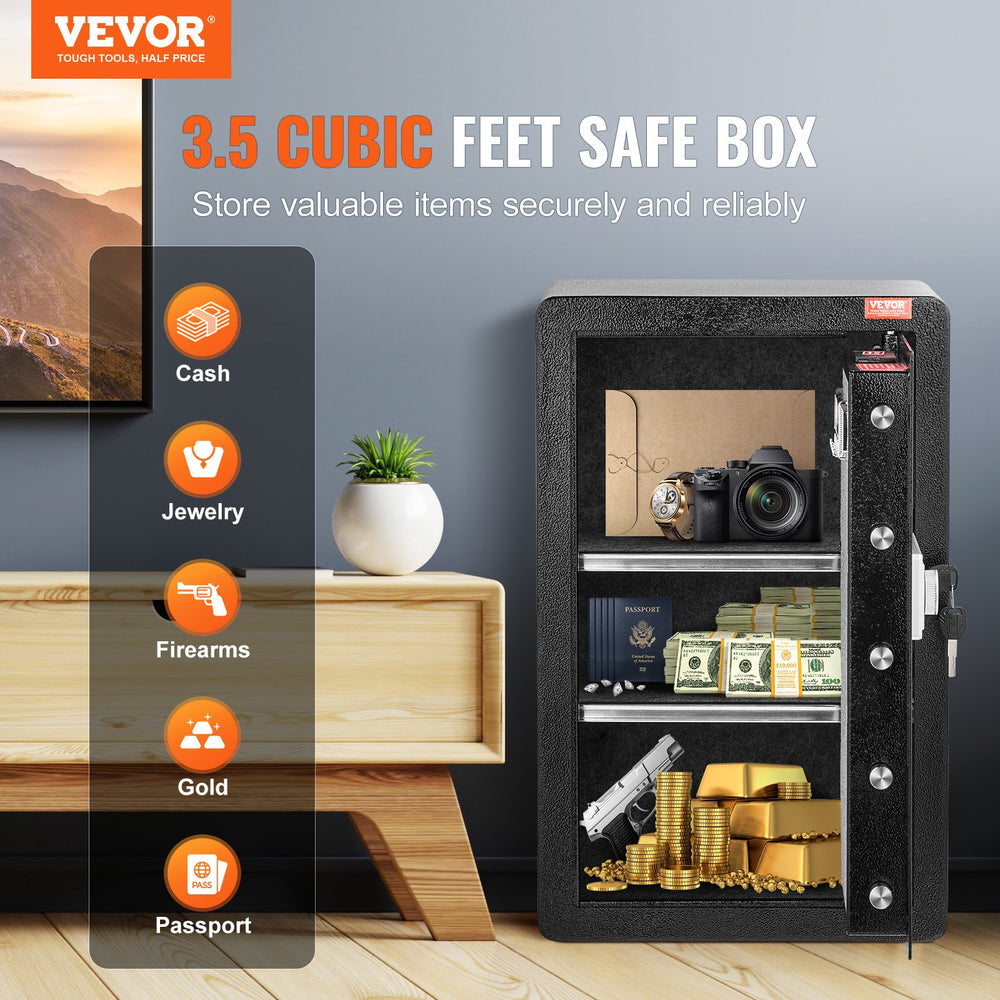 Vevor Safe Box 3.5 Cu. Ft. Single Door 5 Lock Bolts LED Light Dual Alarm System Key Lock and Password New