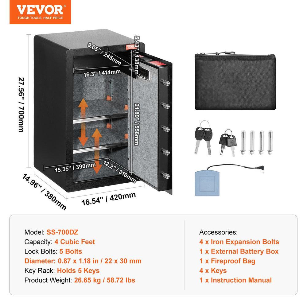 Vevor Safe Box 4.0 Cu. Ft. Single Door 5 Lock Bolts LED Light Dual Alarm System Key Lock and Password New