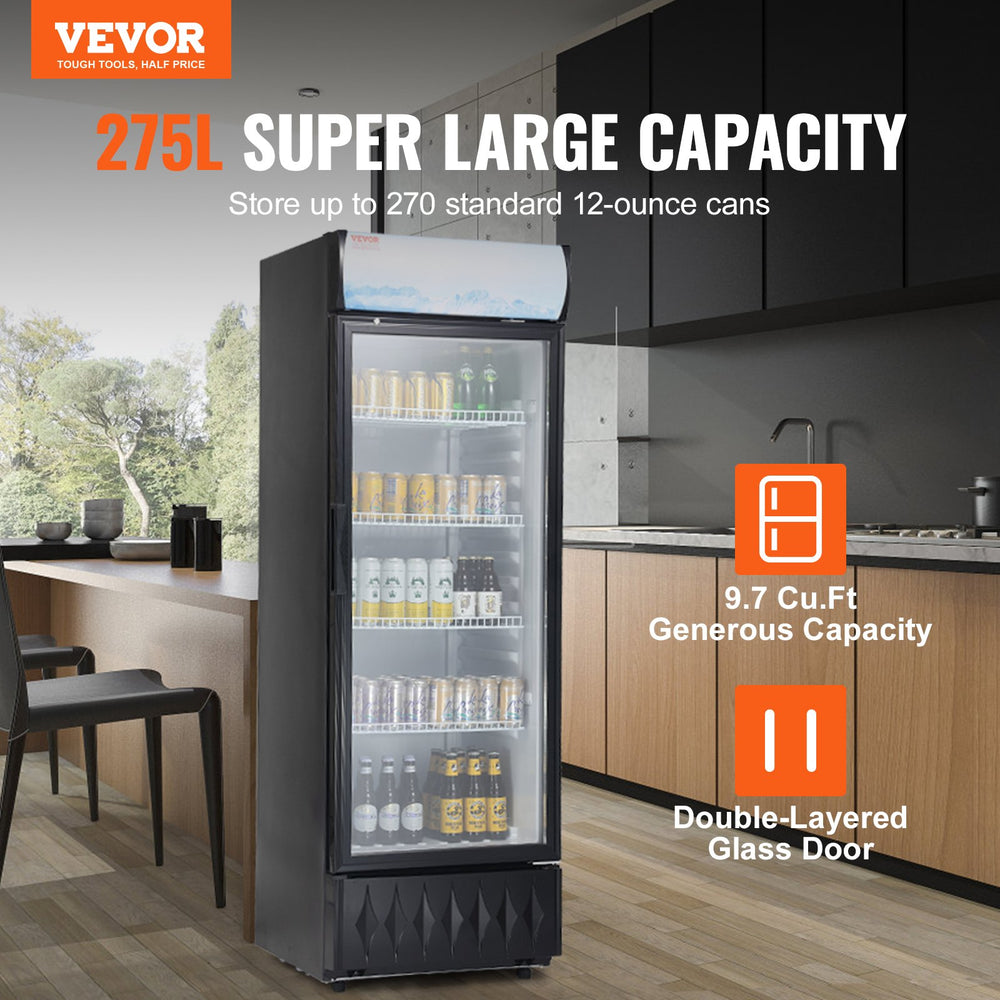 Vevor Merchandiser Refrigerator 9.7 Cu. Ft. Glass Door Beverage Display Cooler with 4 Adjustable Shelves New