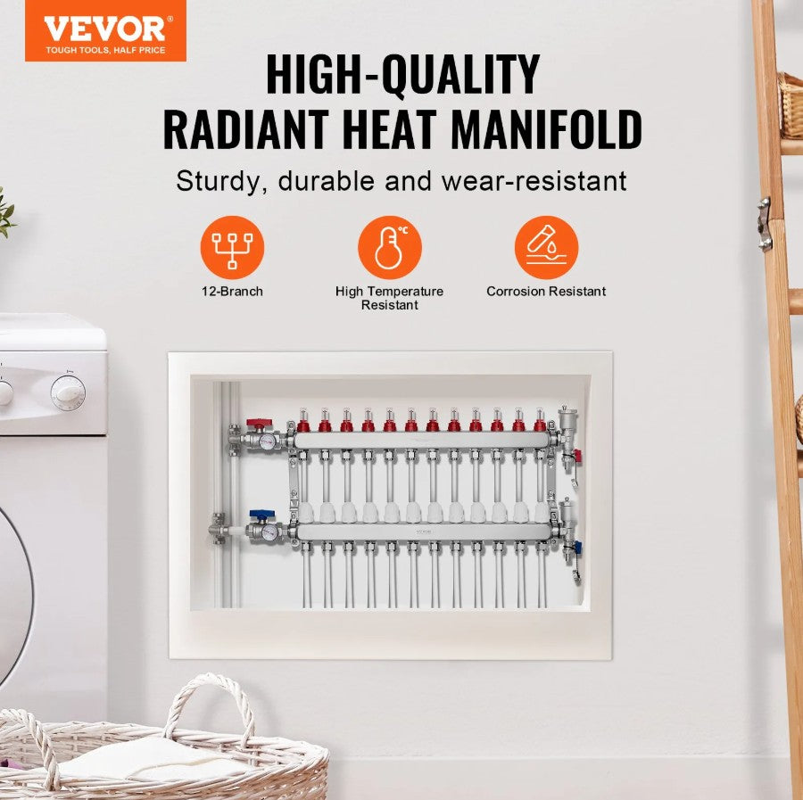 Vevor 12-Branch Radiant Heat Manifold for 1/2" PEX Tubing Stainless Steel New