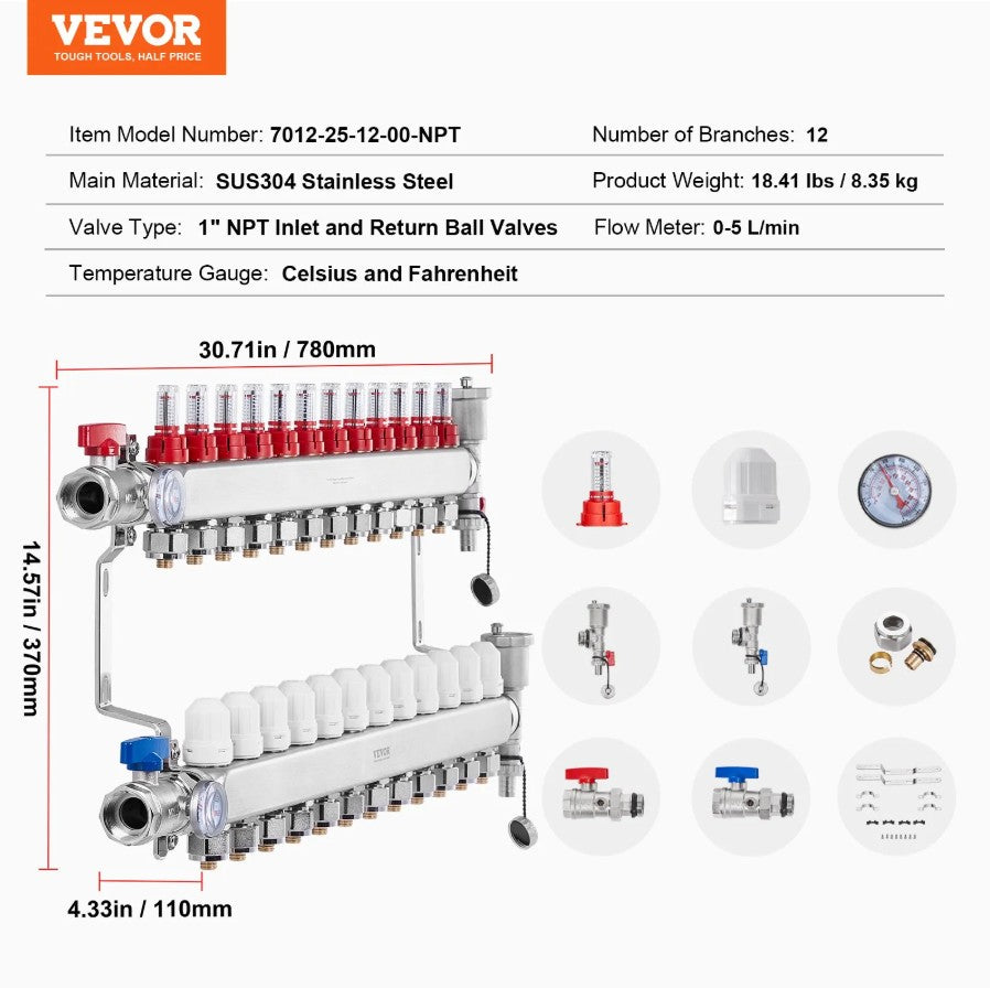 Vevor 12-Branch Radiant Heat Manifold for 1/2" PEX Tubing Stainless Steel New