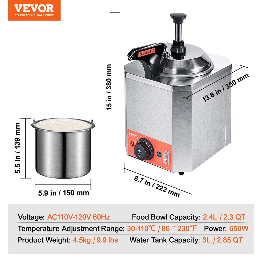 Vevor Electric Cheese Dispenser with Heated Pump 2.3 Qt Commercial 86-230°F Adjustable Temperature 650W New