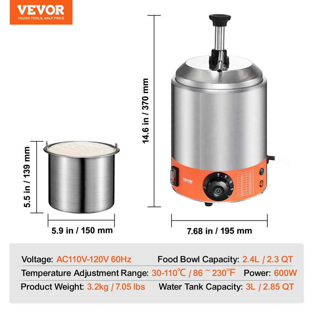 Vevor Electric Cheese Dispenser with Pump 2.3 Qt Commercial 86-230°F Adjustable Temperature 600W New