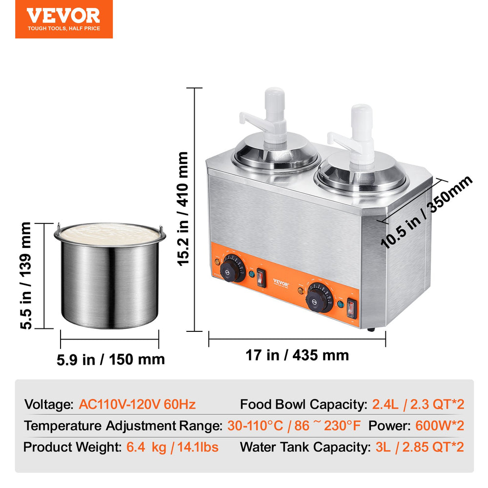 Vevor Electric Cheese Dispenser with 2 Plastic Pumps 2.3 Qt Commercial 86-230°F Adjustable Temperature 600W New