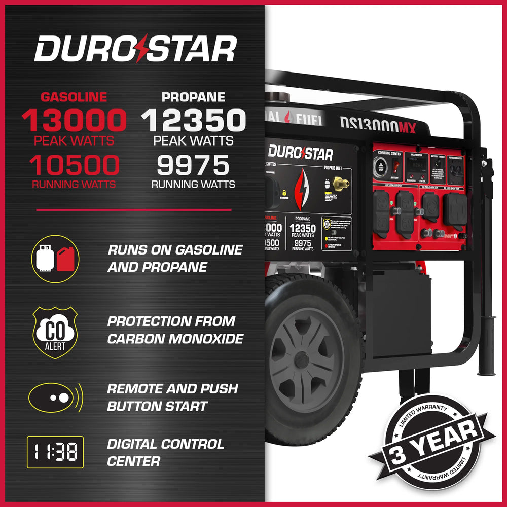 DuroStar DS13000MX 10500W/13000W Generator Dual Fuel Gas Propane 50 Amp with CO Alert and Remote Start New