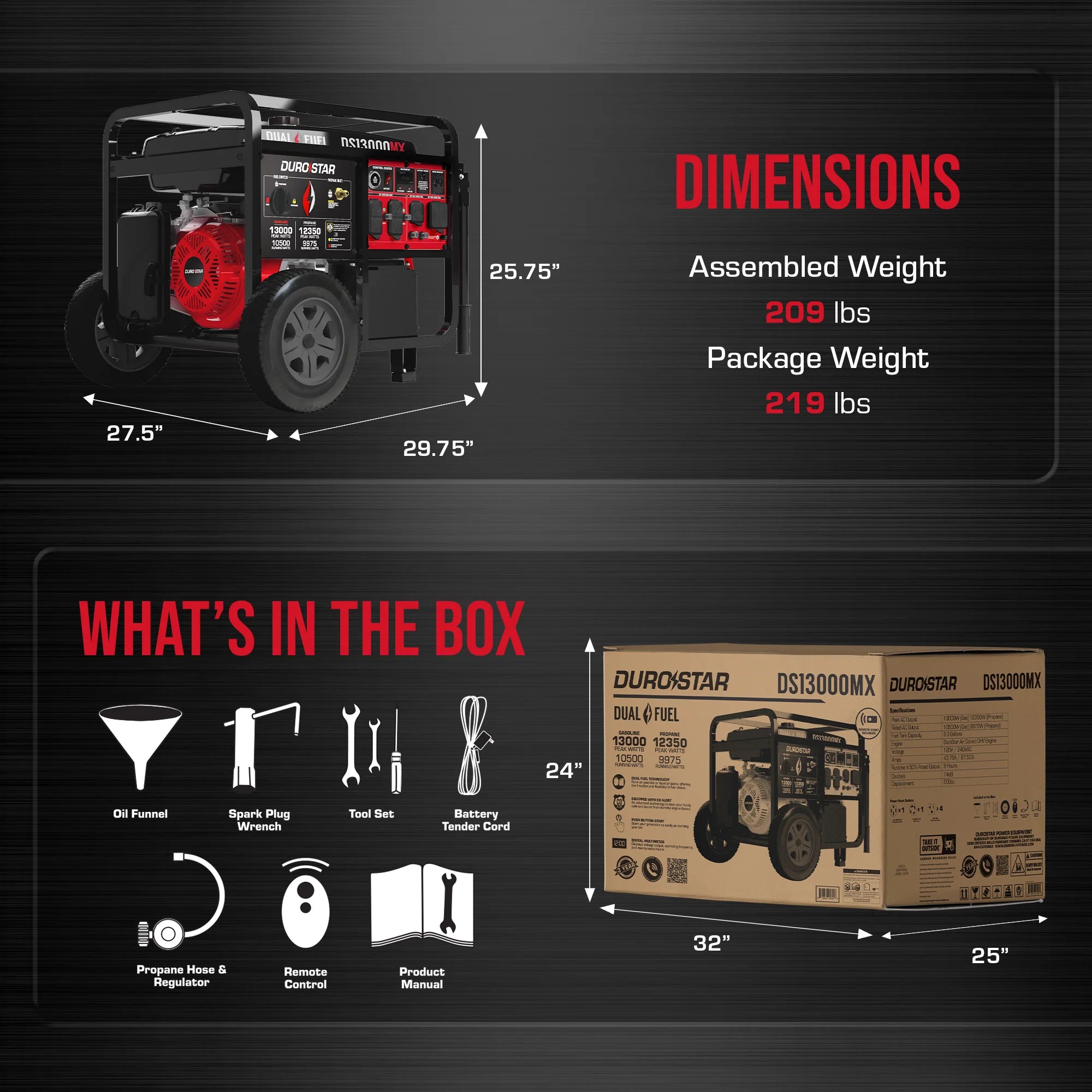 DuroStar DS13000MX Dual Fuel Portable Generator - 13,000W Gas/10,500W Propane With CO Alert