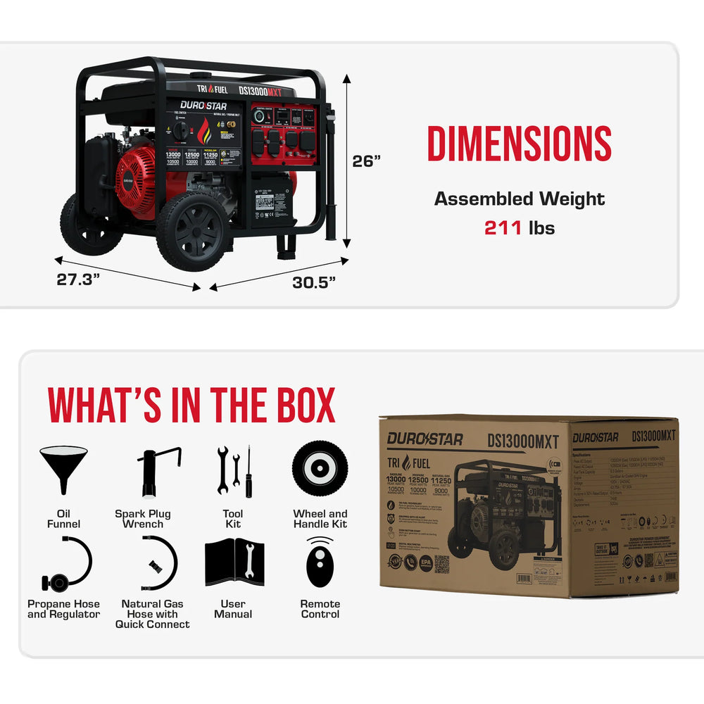 DuroStar DS13000MXT 10500W/13000W Generator Tri Fuel Gas Propane Natural Gas 50 Amp CO Alert Remote Start New