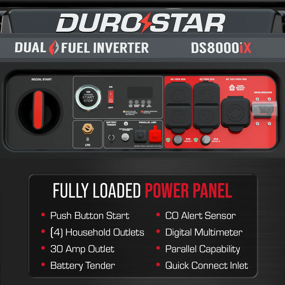 DuroStar DS8000iX Generator 6500W/8000W Dual Fuel Gas Propane Inverter Low THD CO Alert Remote Start New
