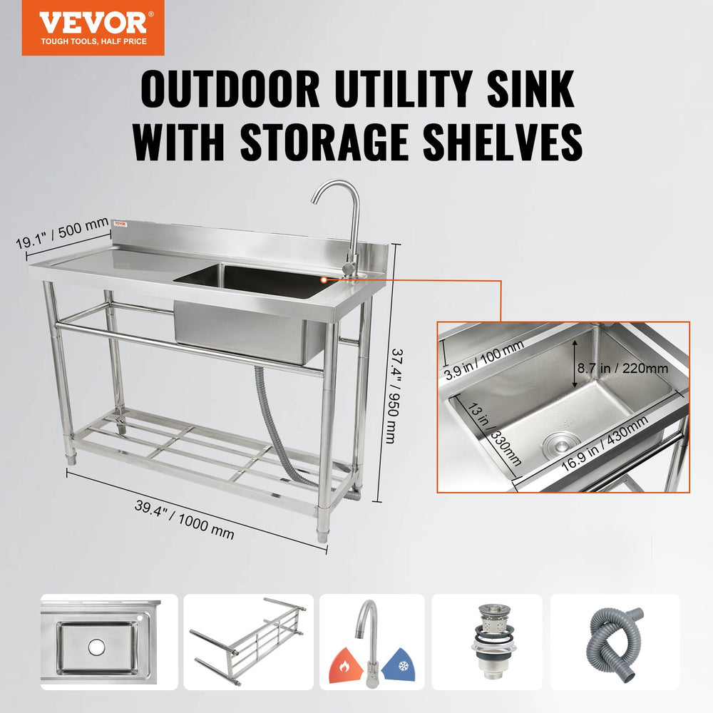 Vevor Stainless Steel Utility Sink 39.4"x19.1"x37.4" Commercial Single Bowl with Workbench NSF Certified New