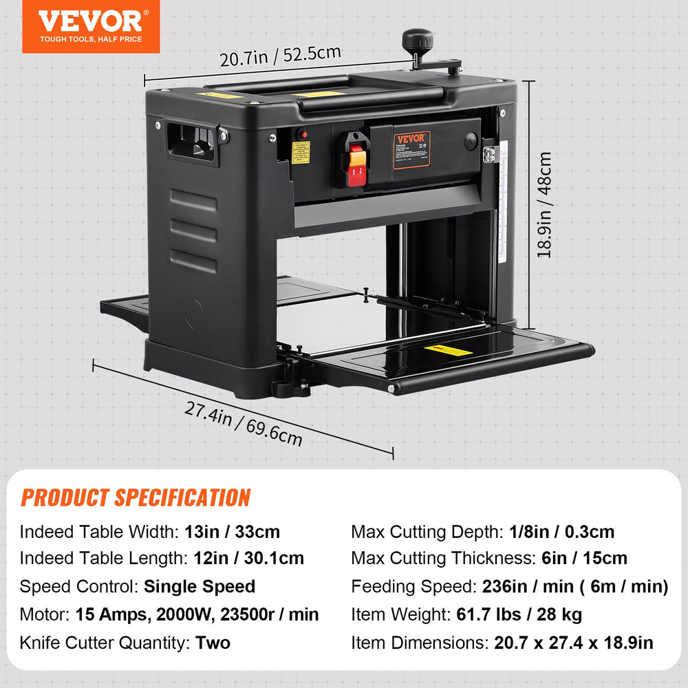 Vevor Thickness Planer 13" Benchtop Worktable 15-Amp 1800W 2-Blade 23500 RPM Single Speed New