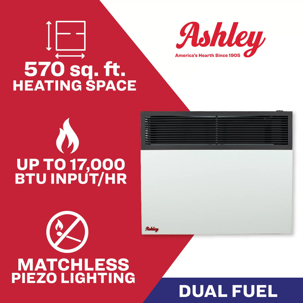 US Stove Ashley DVAG17-DF Wall Heater Dual Fuel Direct Vent 570 sq. ft. 17,000 BTU Furnace New