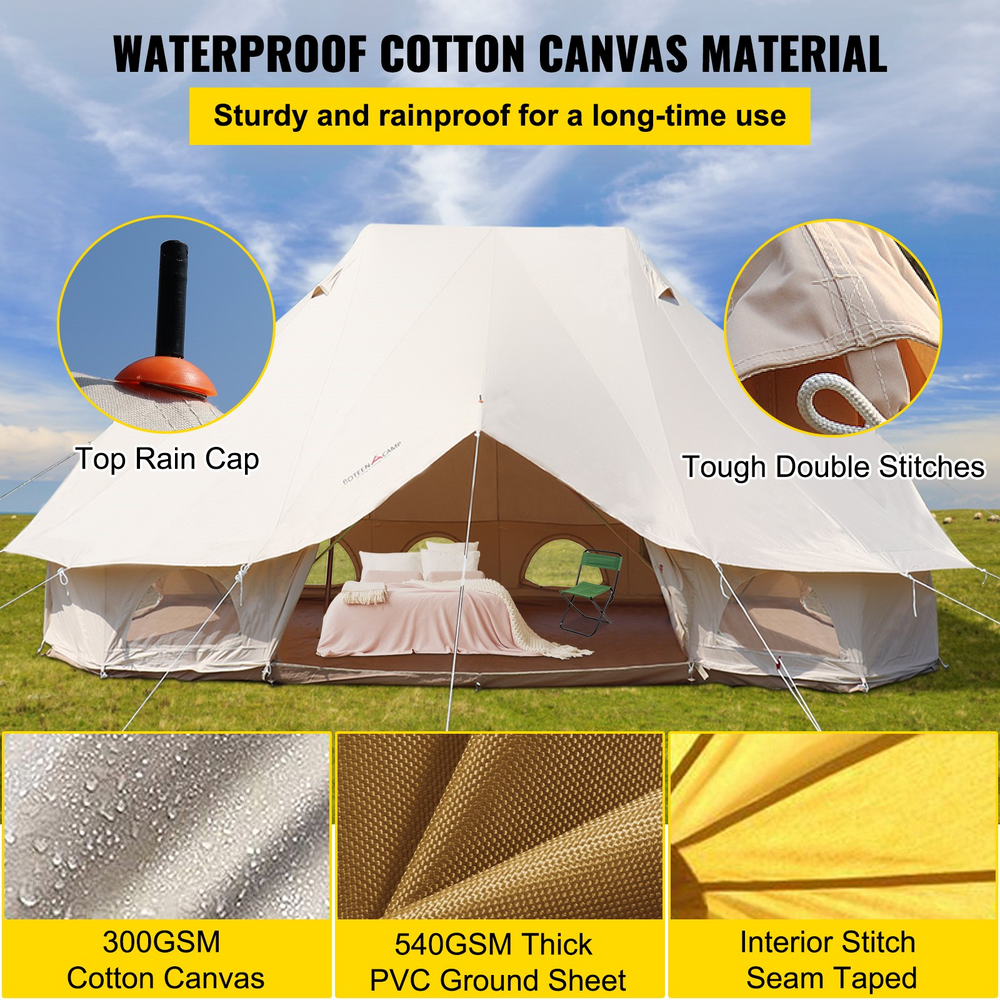 Vevor 6M Bell Tent 19.7' x 13.1' x 9.8' Yurt Beige Canvas Cotton For 8-12 People Portable 4 Season Teepee New