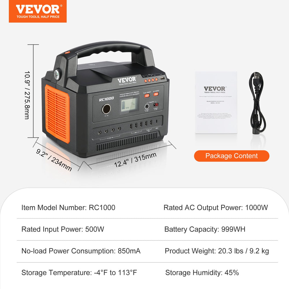 Vevor 999Wh/1000W Portable Power Station Solar Generator New