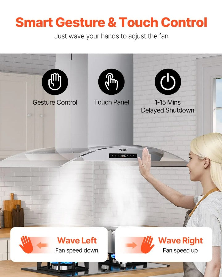 Vevor Wall Mount Range Hood 36" 800 CFM Ducted/Ductless Stainless Steel Touch and Gesture Control New