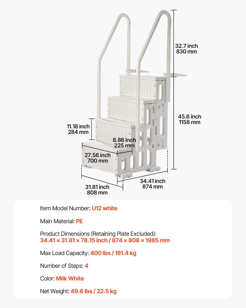 Vevor 4-Step Pool Ladder with Double Handrails Fits 48"-54" Pools 400 lb Capacity New