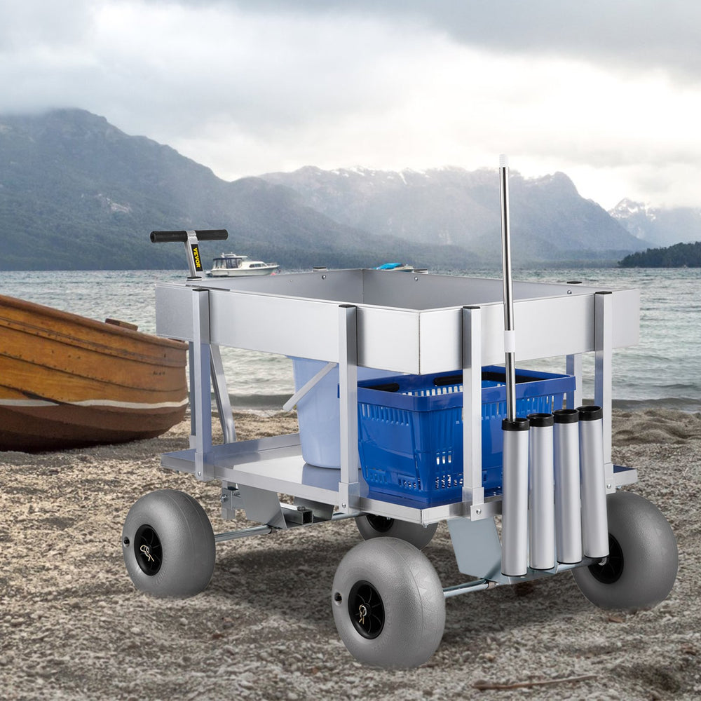 Vevor Beach Fishing Cart 500 lbs. Capacity 10" Balloon Tires Heavy-Duty Aluminum with 4 Rod Holders New