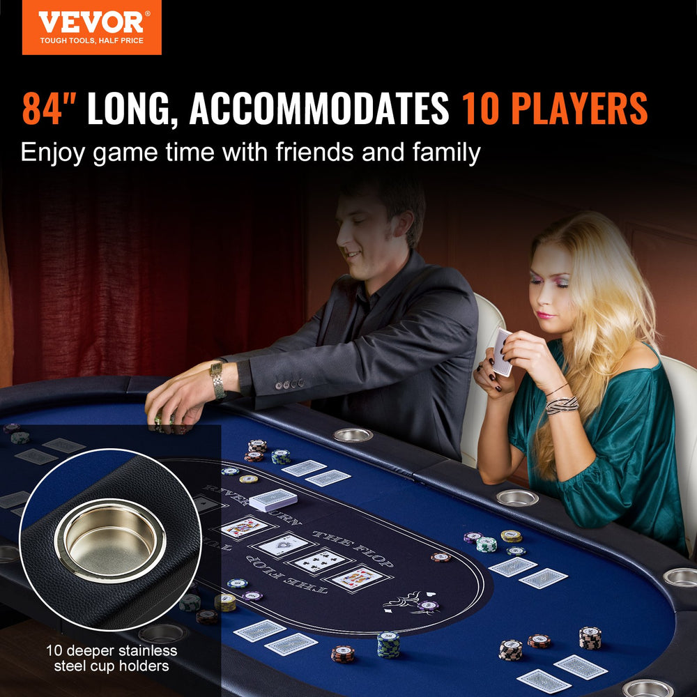 Vevor Poker Table 10-Player Foldable 84" Oval with Padded Rails and Cup Holders Blue New