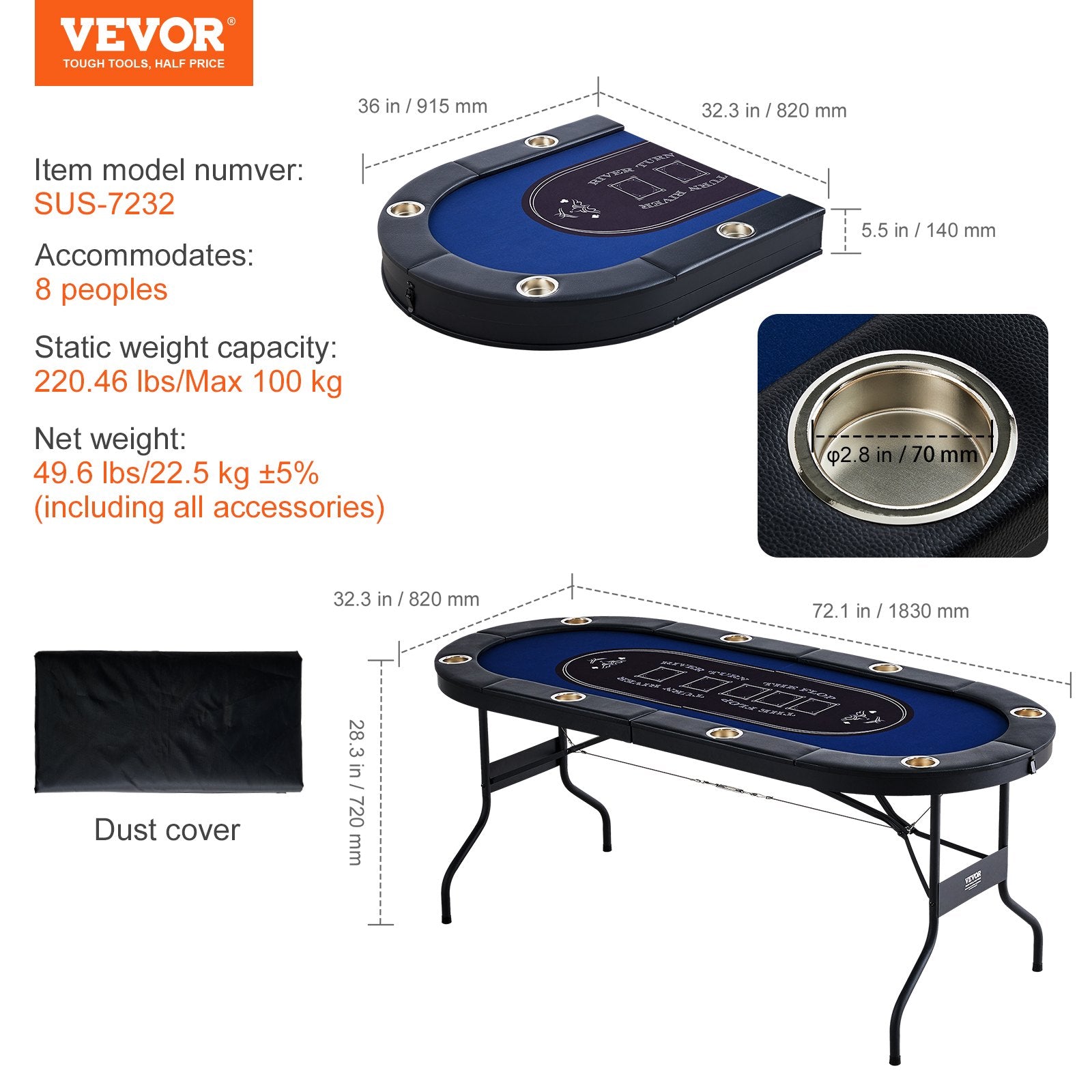 ⑦【美品】VEVOR 折りたたみ式　ポーカーテーブル　8人用 VEVOR Casino Game Table — Foldable 8-Player Padded Rails