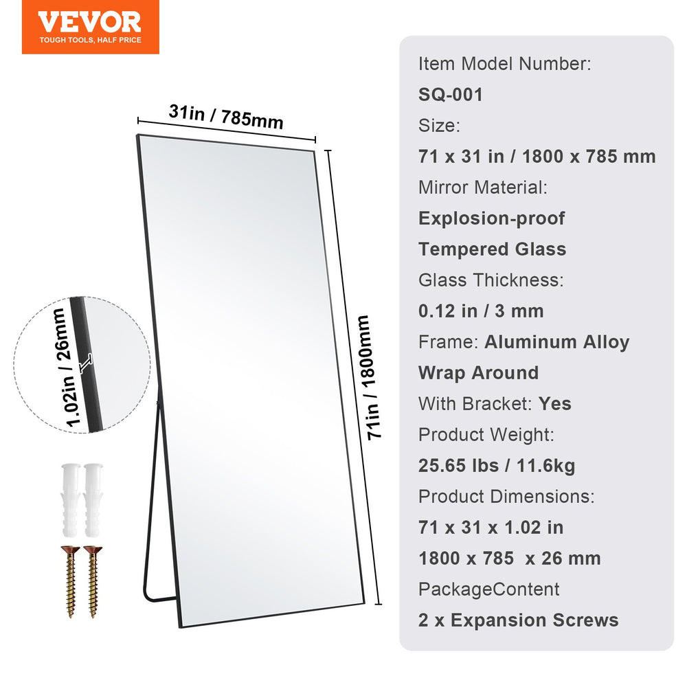 Vevor Full Length Mirror 71" x 31" Rectangular Floor Mirror with Stand Wall-Mounted Aluminum Alloy Frame New